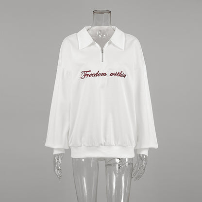 XAKXX Casual Autumn Fashion Embroidery Classic White Lapel Loose Knitted American Sweater Spice Girl Versatile Top Women's Clothing