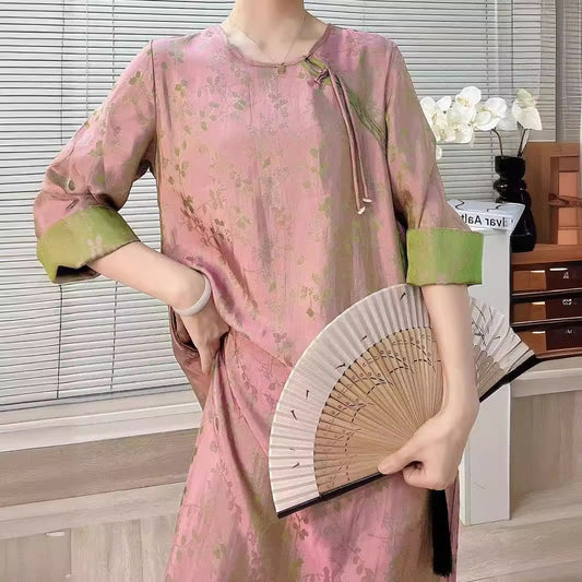 2025 Spot Chinese style women's clothing retro improved cheongsam simulation silk dress ethnic style zen tea clothes women