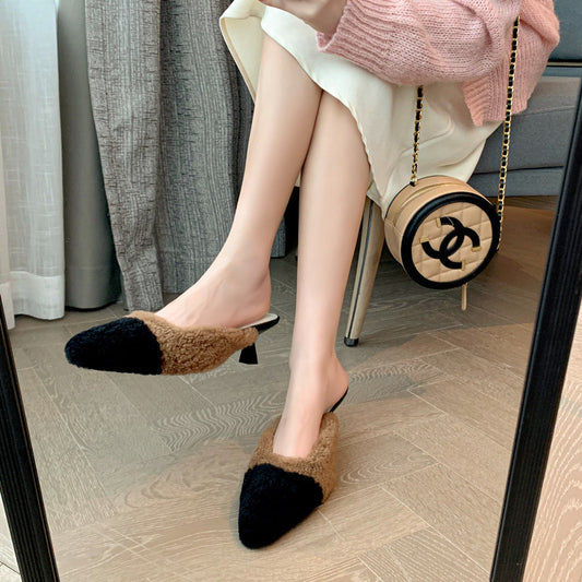 2025 Xiaoxiang fluffy slippers women's wear popular winter color matching velvet high-heeled bag head  evening wind half slippers
