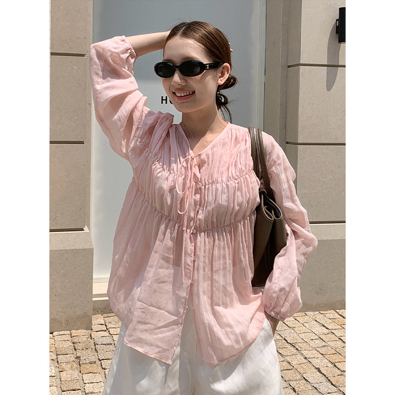 2025  Tencel linen pleated lace-up sunscreen shirt women's 2025 summer Korean light shirt T5032X