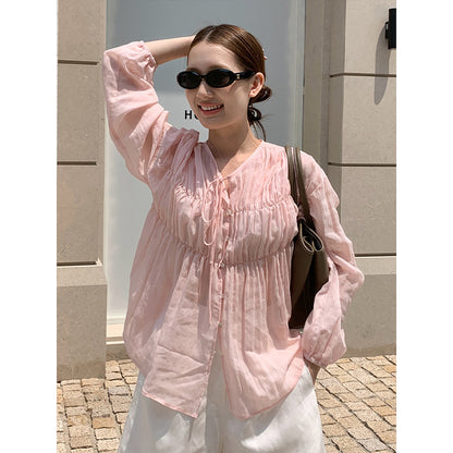 2025  Tencel linen pleated lace-up sunscreen shirt women's 2025 summer Korean light shirt T5032X