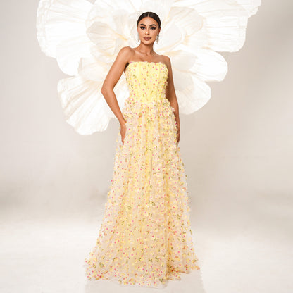 2025 high-end sleeveless temperament one-word collar long banquet evening dress bridesmaid dress mesh pendulum dress