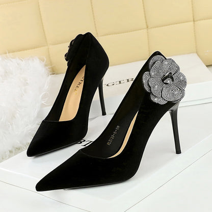 2025 3739-H59L  style thin rhinestone side flower high heels Xishi velvet thin heel super high heel single shoes women