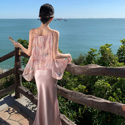 2025 New Chinese style suit, gentle temperament chiffon printed suspender top, satin hip skirt two-piece set