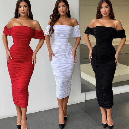 XAKXX  Tube top one-word shoulder pleated dress European sexy aura beautiful woman tight one-step skirt waist hip lift hip wrap skirt