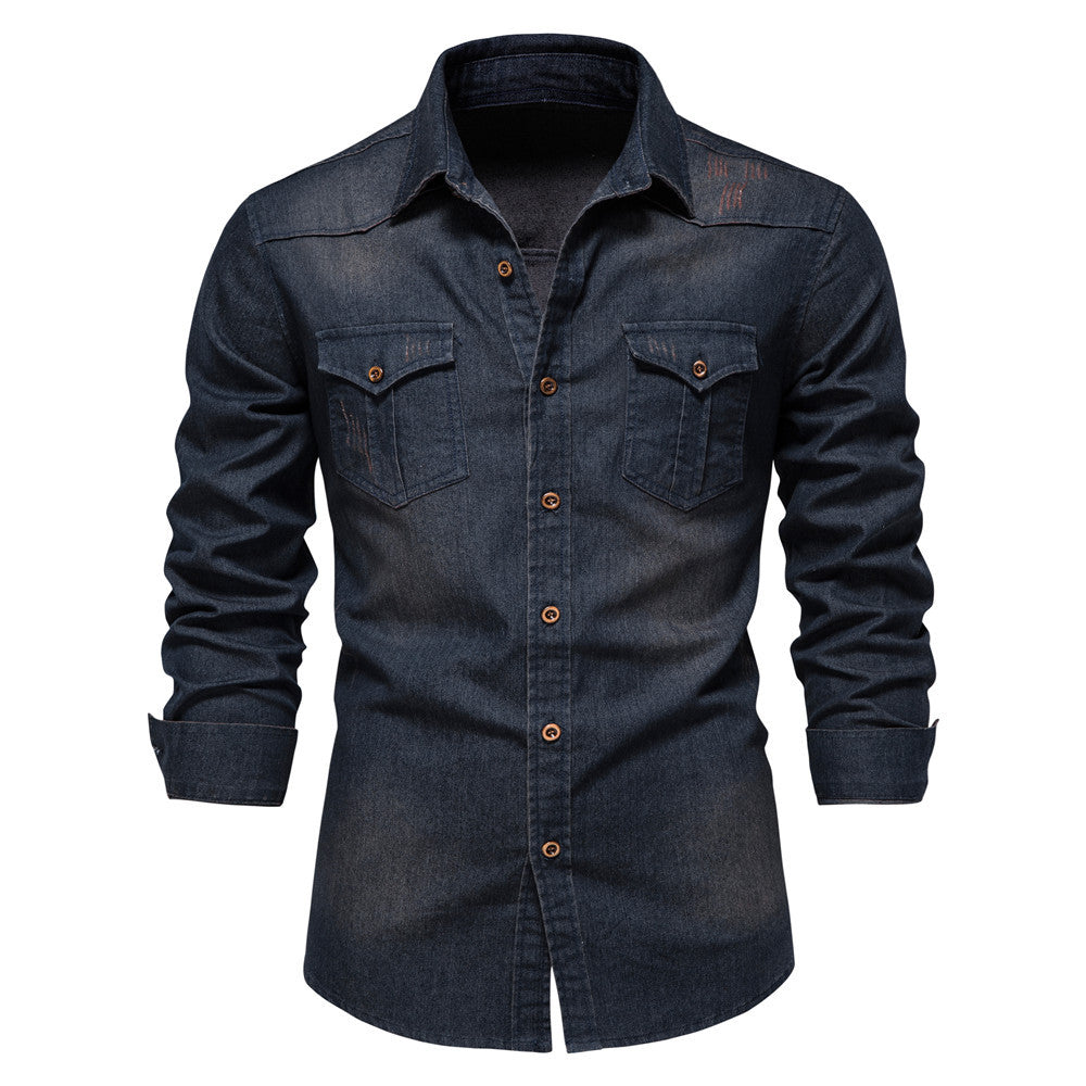 XAKXX 2025 popular Popular trade New explosion men's beautiful size denim shirt men's casual solid color men's denim long-sleeved shirt
