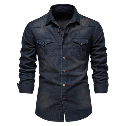 XAKXX 2025 popular Popular trade New explosion men's beautiful size denim shirt men's casual solid color men's denim long-sleeved shirt