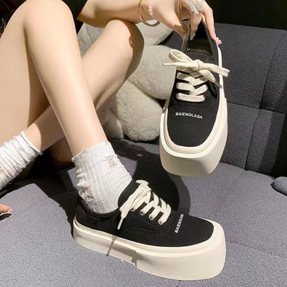 xakxx Popular Internet Celebrity Niche Square Toe Sneakers Women's Summer  New Platform Platform White Match Height Increasing Canvas White Shoes