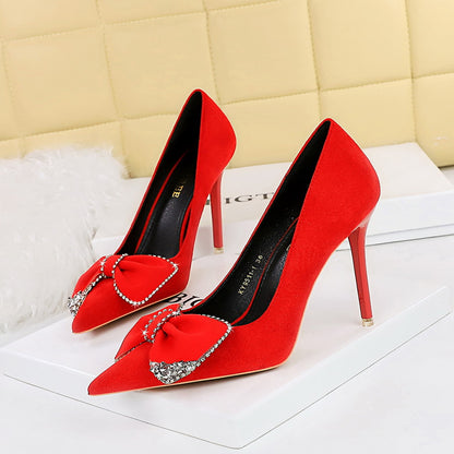 2025 9511-H31 Light luxury banquet high heels thin heel suede shallow mouth pointed rhinestone bow super high heel single shoes women