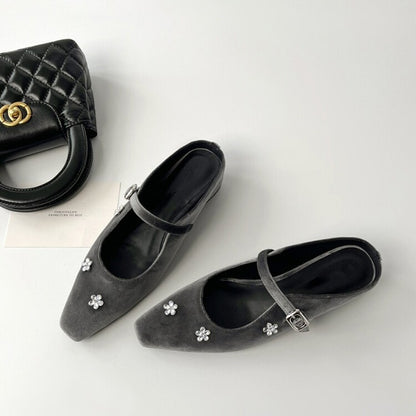2025 Sheepskin version~  rhinestone flower bag head half slippers women's outer wear inner height increase square head temperament Mary Jane single shoes