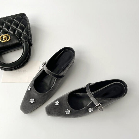 2025 Sheepskin version~  rhinestone flower bag head half slippers women's outer wear inner height increase square head temperament Mary Jane single shoes
