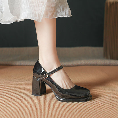2025 Cowhide version~ New Mary Jane small leather shoes waterproof table one-word buckle retro high heels women's thick heel women's single shoes