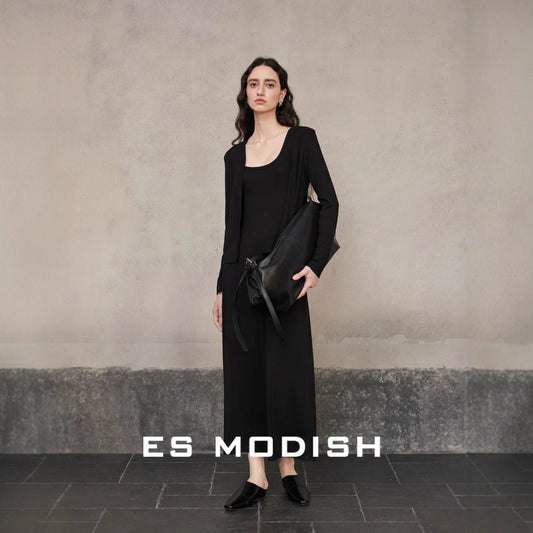 2025 ES MODISH spring new product exquisite solid color outer knitted shirt + tube top suspender dress set women