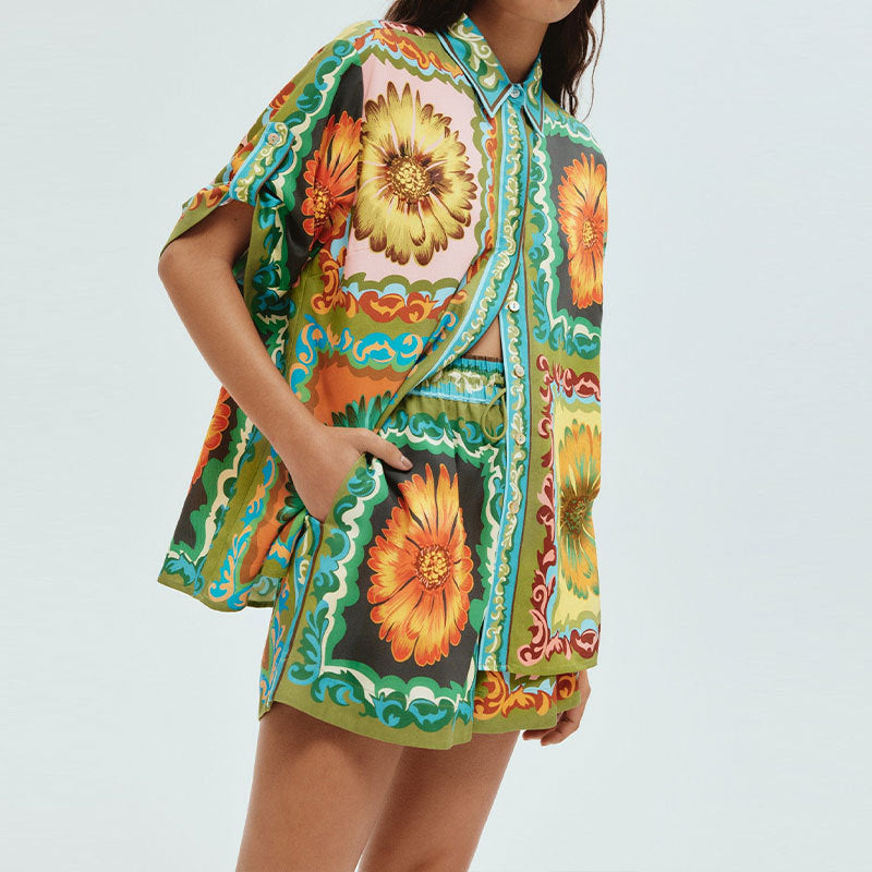 2025 Cross-border 2025 women's clothing 2025 spring new temperament casual printed shirt shorts two-piece fashion suit