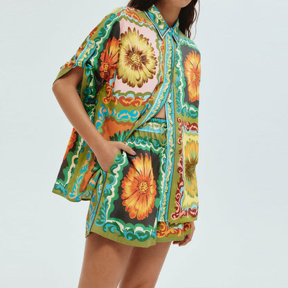 2025 Cross-border 2025 women's clothing 2025 spring new temperament casual printed shirt shorts two-piece fashion suit