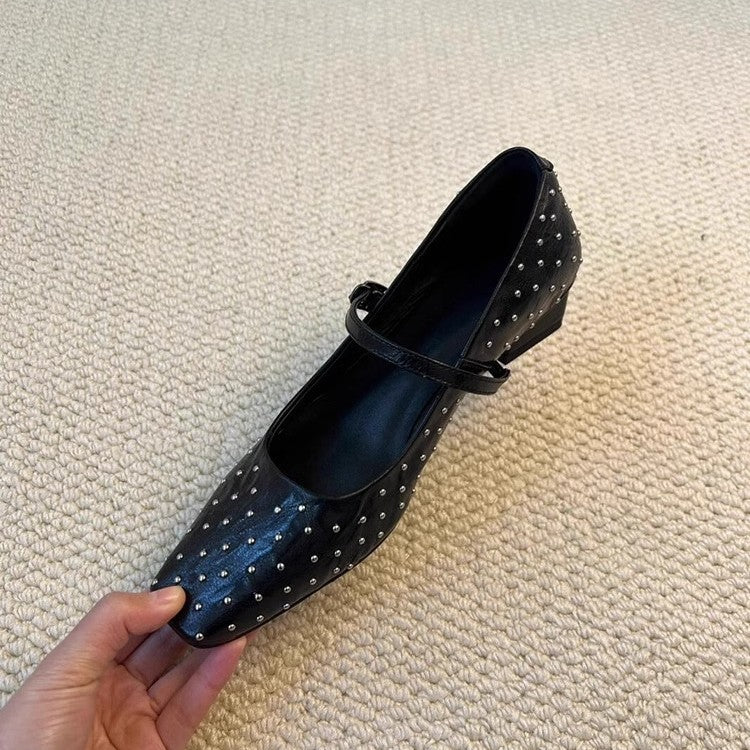 2025 Sheepskin version~ New rivet square head personalized small leather shoes women's one-word buckle low-heeled leather shallow mouth Mary Jane single shoes