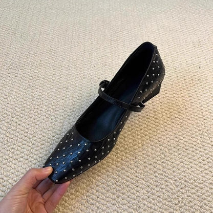 2025 Sheepskin version~ New rivet square head personalized small leather shoes women's one-word buckle low-heeled leather shallow mouth Mary Jane single shoes