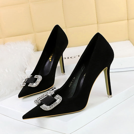 2025 516-K69  fashion banquet high heels women's shoes thin heel suede shallow mouth pointed rhinestone buckle high heel single shoes