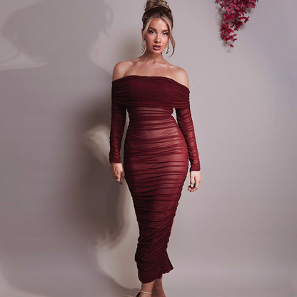 2025 New new mesh one-word shoulder pleated dress Popularan beautiful woman decoration body long-sleeved hip-wrapped dress