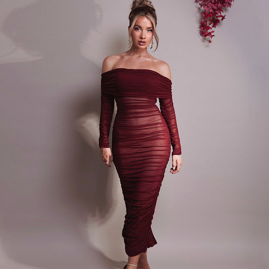 2025 New new mesh one-word shoulder pleated dress Popularan beautiful woman decoration body long-sleeved hip-wrapped dress