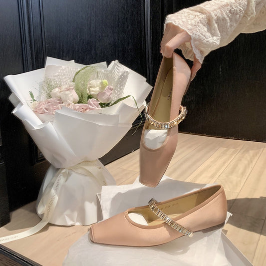 2025 Sheepskin version~ Su Yinyin's same commuter rhinestone Mary Jane shoes  silk and satin one-word belt soft flat single shoes women