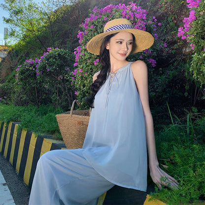 2025 Lazy wind wear women's summer seaside vacation leisure suit Zen simple chiffon loose trousers cold two-piece set