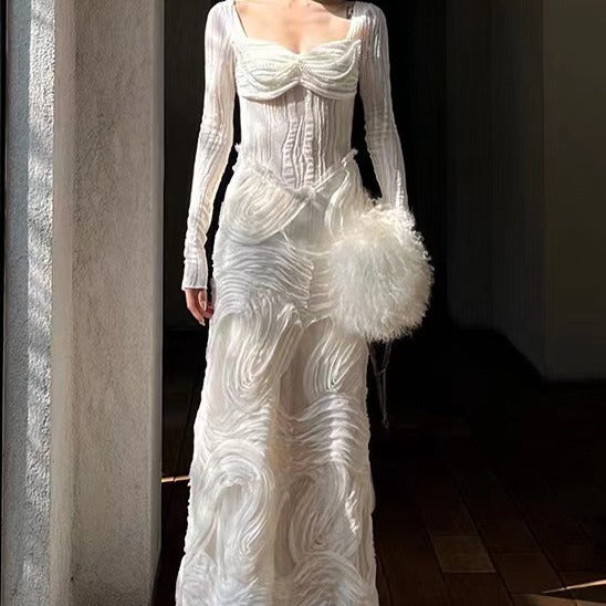 2025 24 Early spring new  romantic white texture splicing design generous neck knitted dress