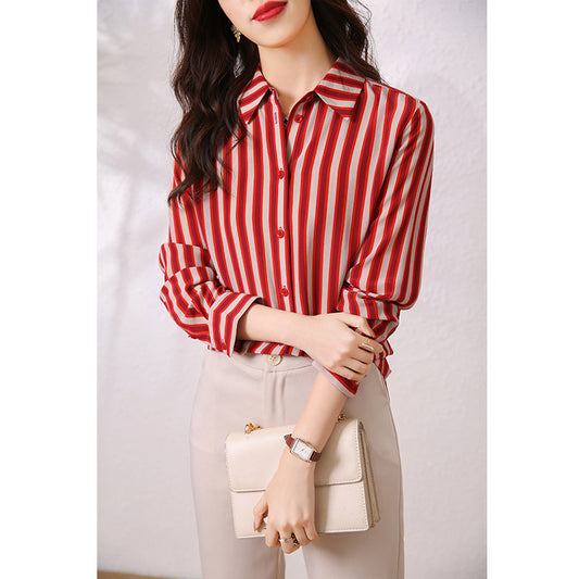 2025 Striped Heavy Silk Shirt Women's  Spring New Short Top Red Ladies, Mulberry Silk Shirt