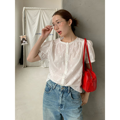 2025 [Guangzhou Six Meters] Lace Crew Neck Short Sleeve Shirt Women's 2025 Summer Daily Commuter Versatile Shirt 009AX