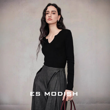 2025 ES MODISH spring new product elegant V-neck slim-fitting long-sleeved knitted sweater high-end Tencel top women