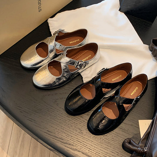 2025 Cowhide version~ Grape mother, the same cross belt, silver round head soft leather Mary Jane women's shoes, light mouth flat bottom single