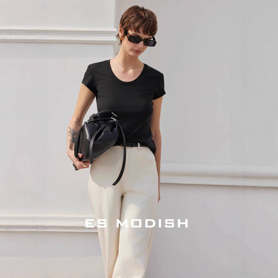 2025 ES MODISH Spring New Product Waist Skinny Shoulder U-Neck Short Sleeve T-Shirt Women's Design Versatile Tencel Top