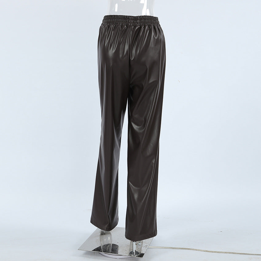 XAKXX Autumn and winter fashion sexy temperament gray velvet matte leather pants retro high-waisted women's casual trousers