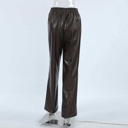 XAKXX Autumn and winter fashion sexy temperament gray velvet matte leather pants retro high-waisted women's casual trousers