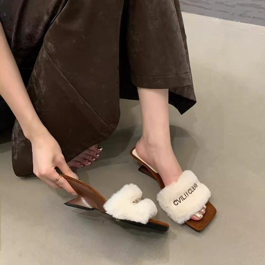 2025 Small white fluffy slippers women's autumn senior gentle rabbit fur niche wedge heel cotton slippers