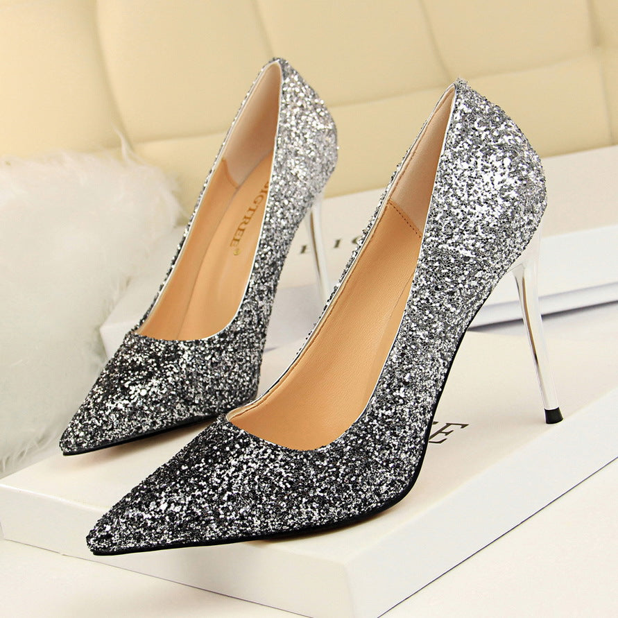 2025 9219-10  style women's shoes high heels light mouth pointed head sexy and thin nightclub color gradual change sequined single shoes