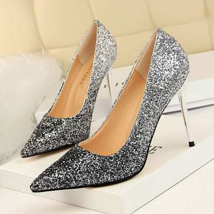 2025 9219-10  style women's shoes high heels light mouth pointed head sexy and thin nightclub color gradual change sequined single shoes