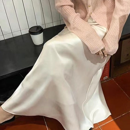 2025 Spot acetic acid satin high-end skirt temperament high waist drape thin fishtail skirt  medium and long