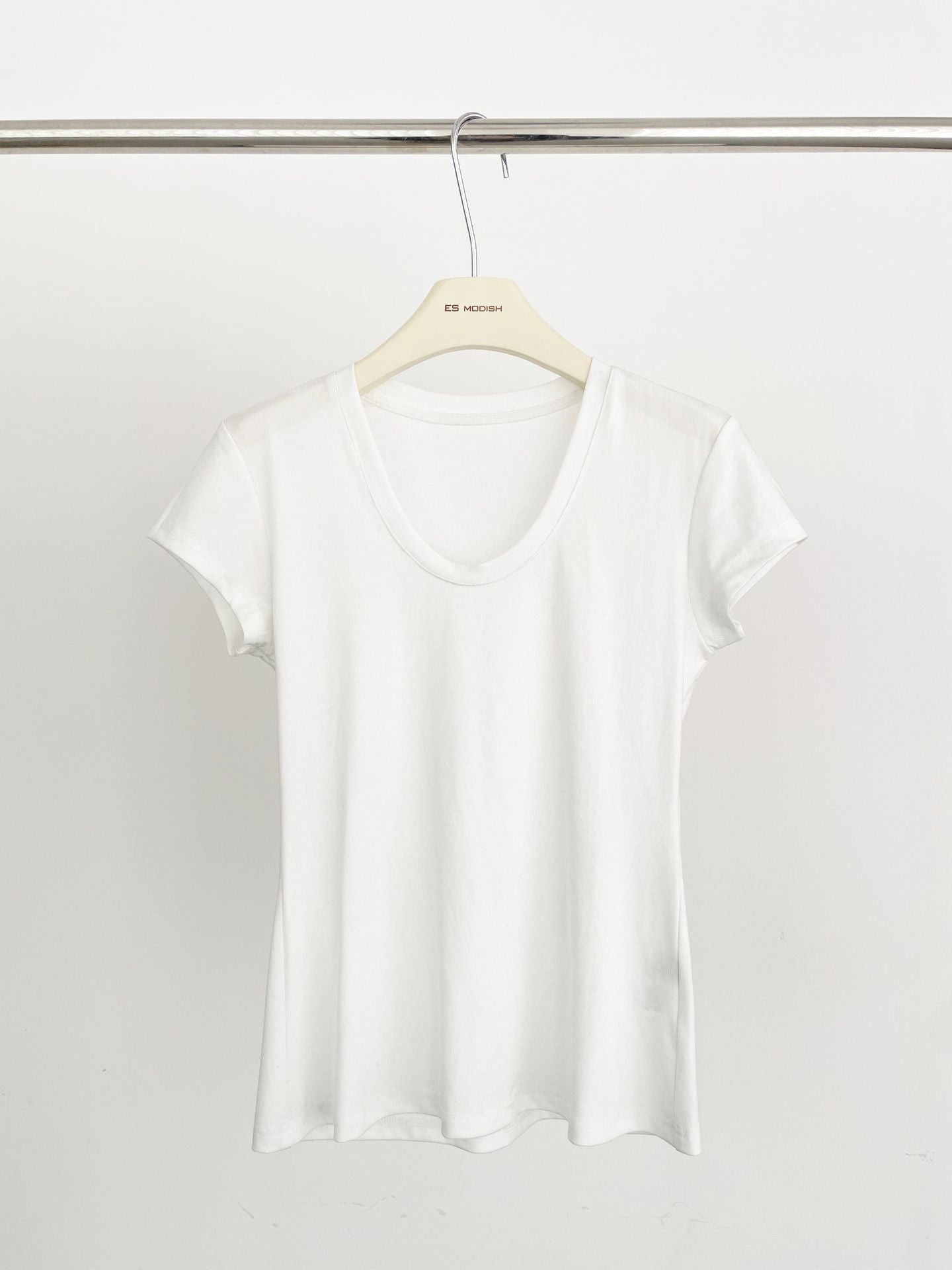 2025 ES MODISH Spring New Product Waist Skinny Shoulder U-Neck Short Sleeve T-Shirt Women's Design Versatile Tencel Top