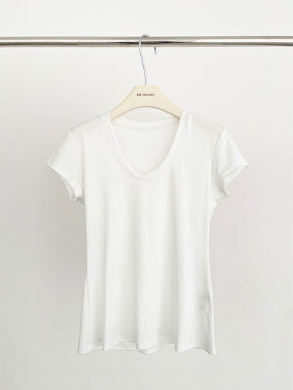2025 ES MODISH Spring New Product Waist Skinny Shoulder U-Neck Short Sleeve T-Shirt Women's Design Versatile Tencel Top