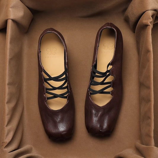 2025 Sheepskin version retro pleated square head single shoes cross strap high heel ballet shoes pig nose thick heel Mary Jane shoes