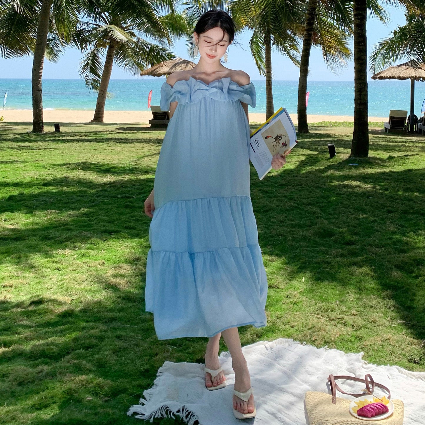 2025 Gentle wind sky blue off-the-shoulder dress women's summer  loose temperament long dress vacation travel wind beach dress