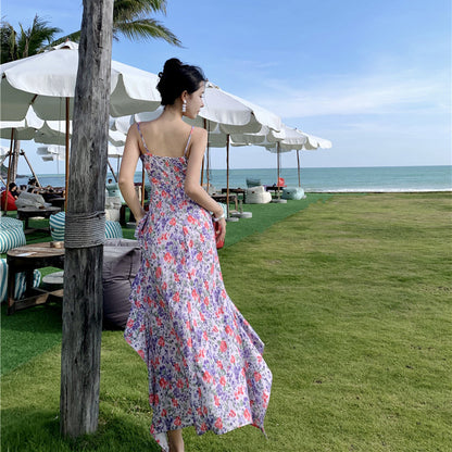 2025 sweet design irregular floral suspender skirt women's summer new temperament ruffle edge seaside dress
