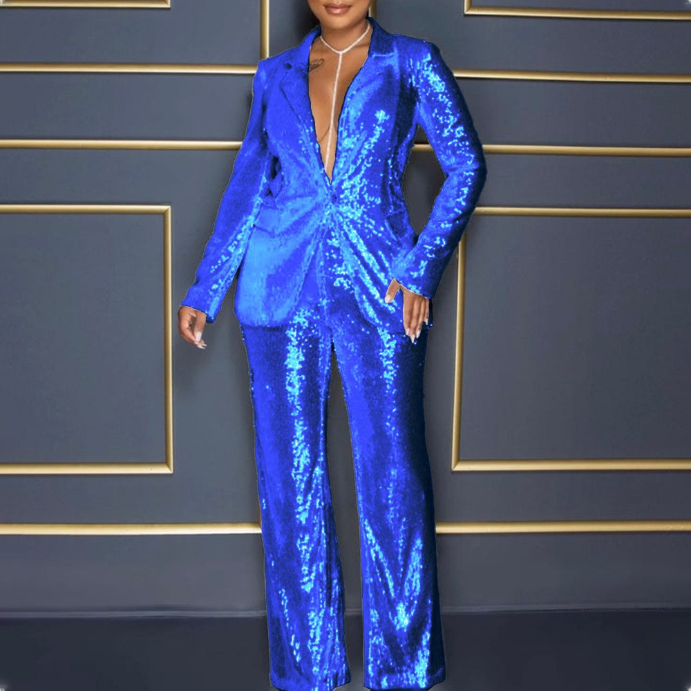 2025 summer New jumpsuit 2025 new  women's long-sleeved V-neck sequined jumpsuit two-piece set