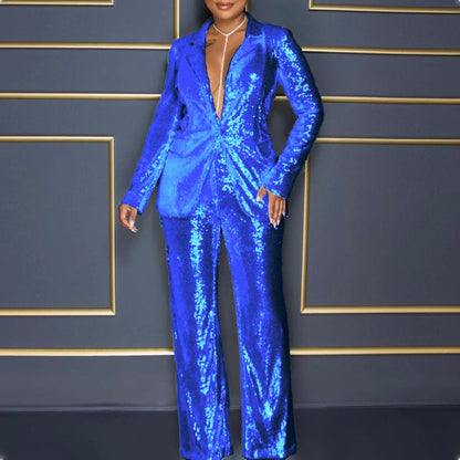 2025 summer New jumpsuit 2025 new  women's long-sleeved V-neck sequined jumpsuit two-piece set