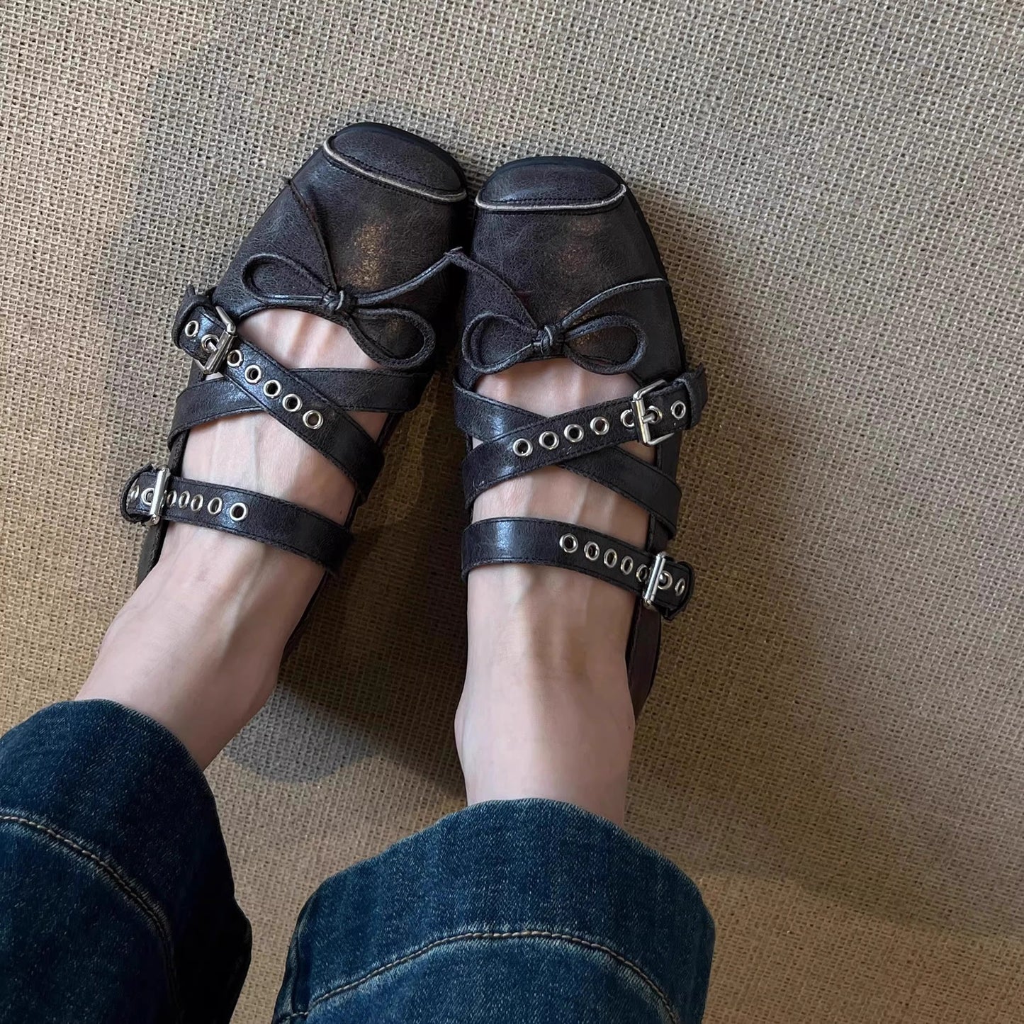 2025 Sheepskin version~  retro ballet style square head Mary Jane shoes women's cross buckle leather sports small leather shoes single shoes