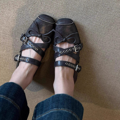 2025 Sheepskin version~  retro ballet style square head Mary Jane shoes women's cross buckle leather sports small leather shoes single shoes