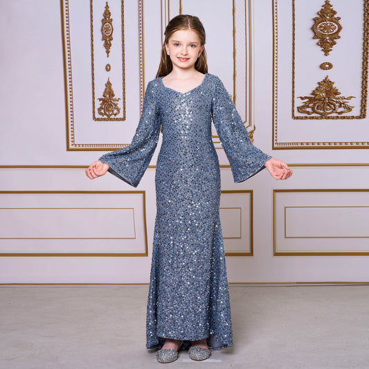 2025 catwalk princess dress model children's evening dress girls host fishtail niche sequined performance suit