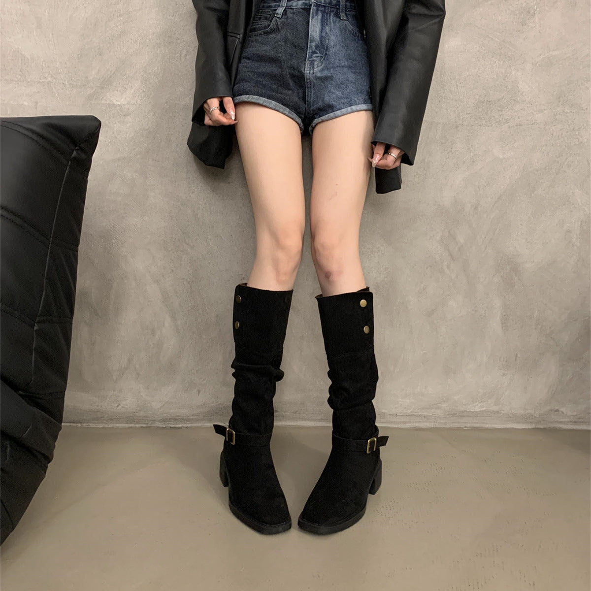 2025 Maillard metal buckle lapel two wear thick heel stack boots new suede round head knight boots in autumn and winter popular