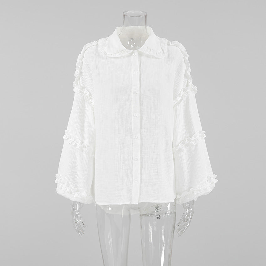 XAKXX Spring and summer fashion casual pure cotton white loose lapel lantern sleeve commuter shirt women's  design shirt